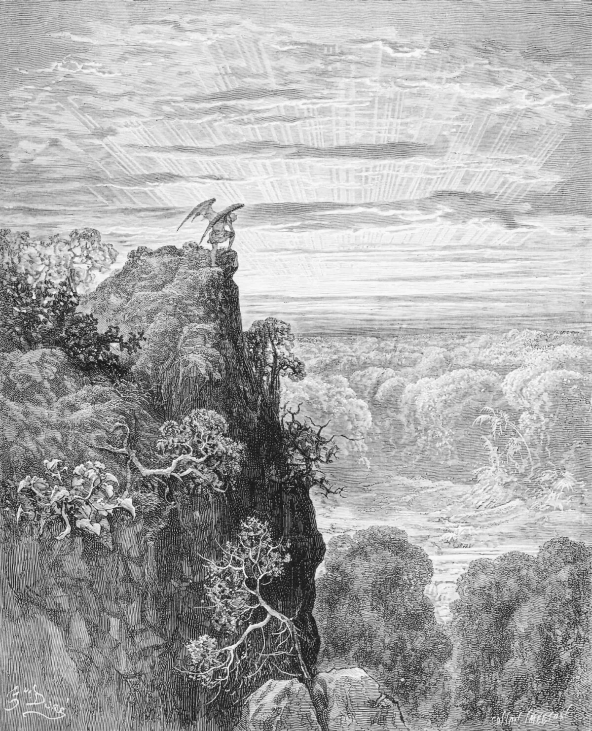 Gustave Doré's 1866 Paradise Lost engraving of a solitary winged figure standing on a cliff overlooking a vast landscape